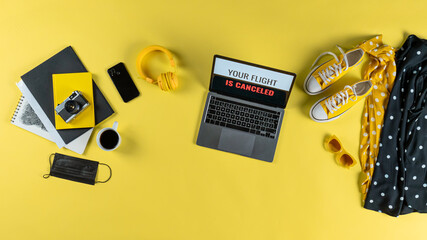 Top view of travel essentials on desk , coronavirus desktop concept.