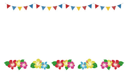 南国トロピカル カラフルガーランドとハイビスカス 上下装飾フレーム（16:9比率）
