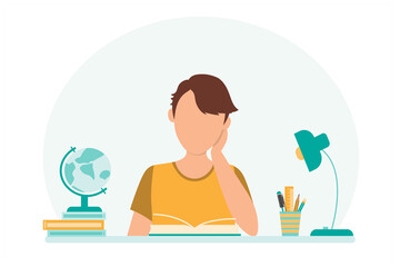 Boy studying with books. The boy is reading a book at the table. The concept of education.Concept illustration for education. Vector illustration.