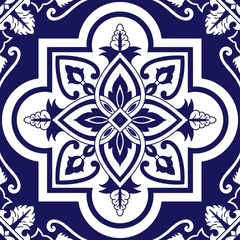 Stof per meter Portuguese tile pattern vector seamless with ceramic floral ornament. Azulejo, mexican talavera, delft dutch, italian sicily or spanish majolica. Porcelain texture for kitchen wall or bathroom floor. © irinelle