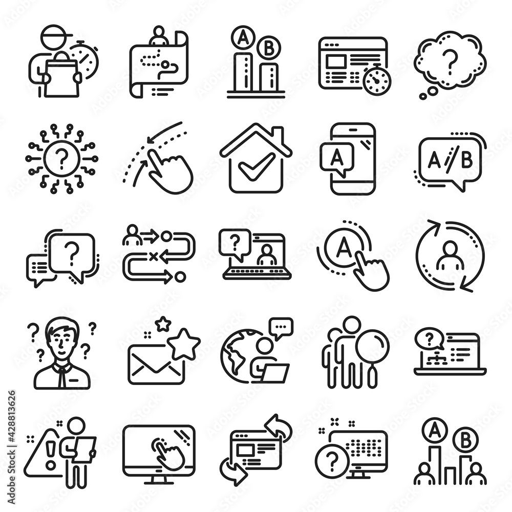 Poster ux line icons. set of ab testing, journey path map and question mark icons. usability quiz test, ux 