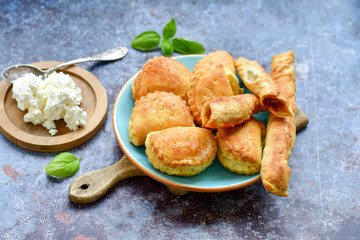 Bakery .Home made mini   cheese pie  with phyllo pastry, white feta cheese  and organic eggs. Bulgarian banitsa