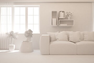 White minimalist living room with sofa. Scandinavian interior design. 3D illustration