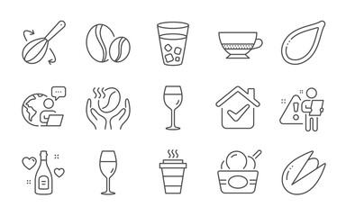 Coffee, Ice cream and Wineglass line icons set. Pumpkin seed, Ice tea and Coffee beans signs. Love champagne, Cooking whisk and Wine glass symbols. Pistachio nut, Takeaway. Line icons set. Vector