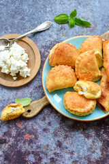 Bakery .Home made mini   cheese pie  with phyllo pastry, white feta cheese  and organic eggs. Bulgarian banitsa