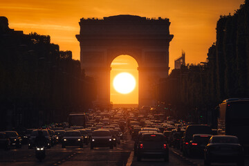 Arc de Triomphe, Paris, France. Sunset in the middle of the Arch of Triumph