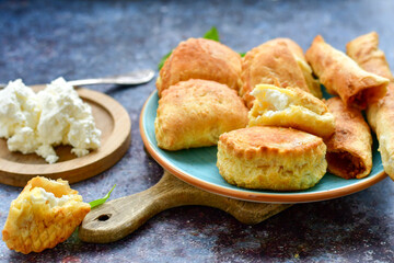 Bakery .Home made mini   cheese pie  with phyllo pastry, white feta cheese  and organic eggs. Bulgarian banitsa