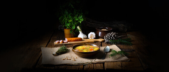 Classic pea soup with sausage and meat