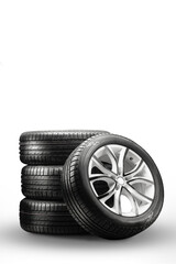 summer tires and wheels - stack on a white background, new wheels vertical photo