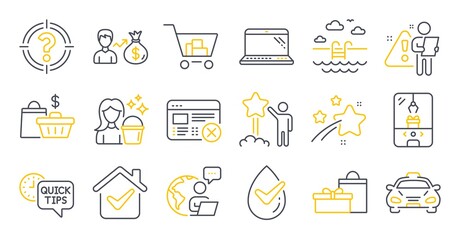 Set of Business icons, such as Dermatologically tested, Reject web, Sallary symbols. Sale bags, Gifts, Taxi signs. Crane claw machine, Quick tips, Swimming pool. Headhunter, Cleaning, Star. Vector