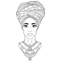 African beauty, full face portrait of the beautiful black woman in turbans. Vector line art hand drawn illustration isolated on a white background. Fashion model for tattoo, coloring book page