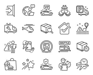 Transportation icons set. Included icon as Shuttle bus, Helicopter, Exit signs. Search package, Roller coaster, Vip transfer symbols. Car service, Ship, Delivery timer. Flight destination. Vector