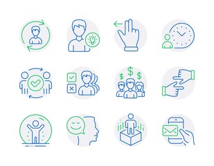 People icons set. Included icon as Salary employees, Recovered person, Human resources signs. Time management, Opinion, Click hands symbols. Touchscreen gesture, Augmented reality. Vector