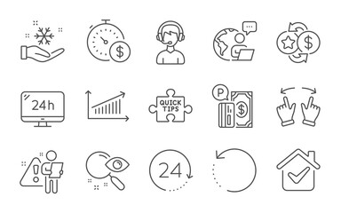 Loyalty points, Quick tips and Search line icons set. 24h service, Last minute and Consultant signs. Recovery data, Parking payment and 24 hours symbols. Chart, Move gesture and Freezing. Vector