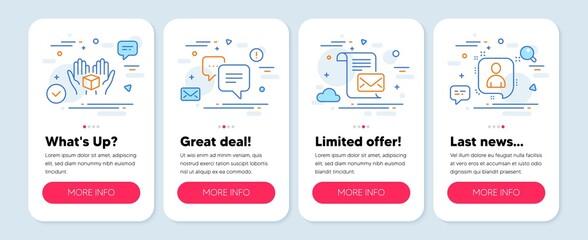 Set of Technology icons, such as Dots message, Mail letter, Hold box symbols. Mobile screen app banners. Developers chat line icons. Chat bubble, Read e-mail, Delivery parcel. Manager talk. Vector