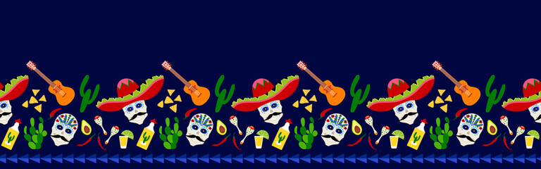 Mexico, Mexican traditional Cinco de Mayo, Day of the dead, Halloween, Dia de los Muertos  print border background, seamless pattern design