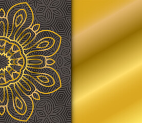 Cute gold Mandala card with striped seamless pattern. Ornamental round doodle flower isolated on dark background. Geometric decorative ornament in ethnic oriental style.