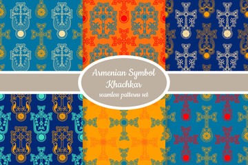 Collection of seamless patterns with ancient Armenian symbol Khachkar designed for web, fabric, paper and all prints 