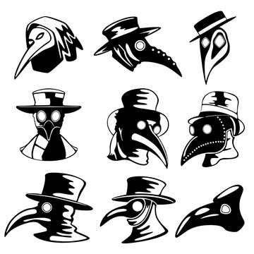 A set of nine plague doctor masks isolated on a white background.