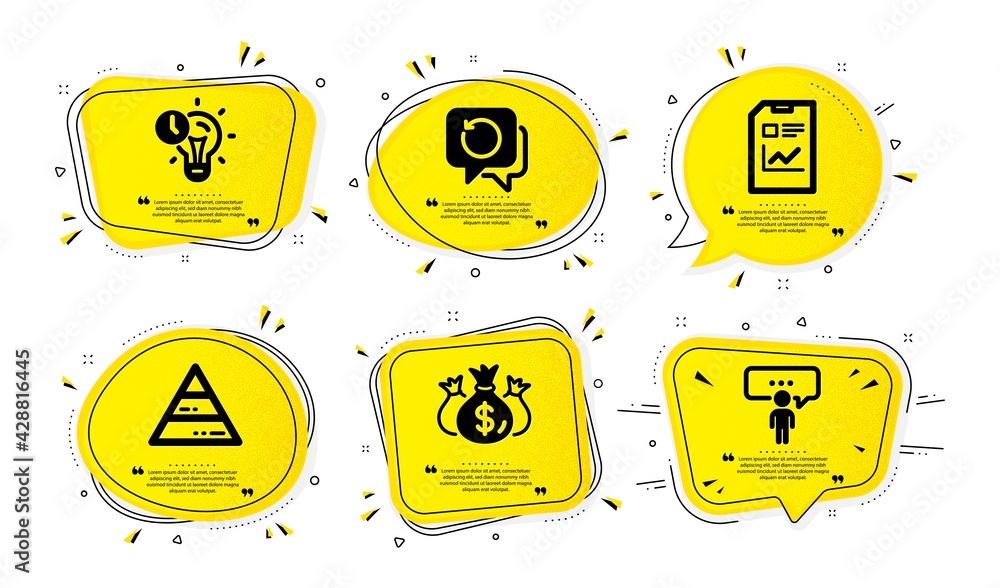 Poster time management, pyramid chart and check investment icons simple set. yellow speech bubbles with dot