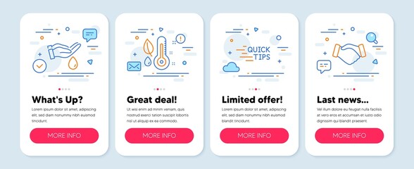 Set of Business icons, such as Education, Thermometer, Wash hands symbols. Mobile app mockup banners. Handshake line icons. Quick tips, Grow plant, Skin care. Deal hand. Education icons. Vector
