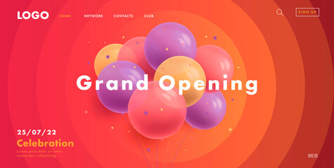Grand opening web banner for circus grand opening with bunch of round transparent air balloons on red background with circles spreading from center with interface elements