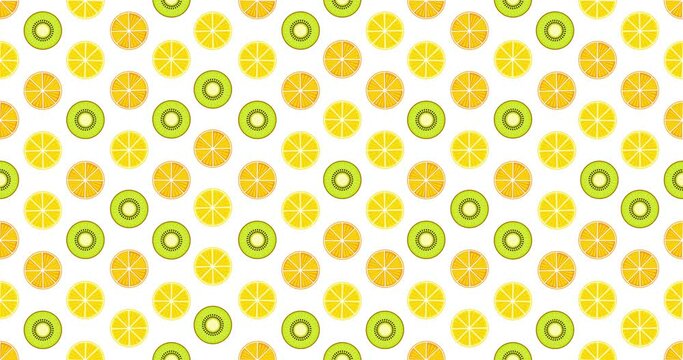 Slices of citrus fruits motion animation. Rotating citruses: Lemon, orange and kiwi. The citrus cut in half rotates. Horizontal composition, 4k video quality