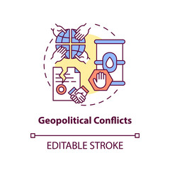 Geopolitical conflicts concept icon. Energy security threat idea thin line illustration. Political instability. Energy supplies manipulation. Vector isolated outline RGB color drawing. Editable stroke