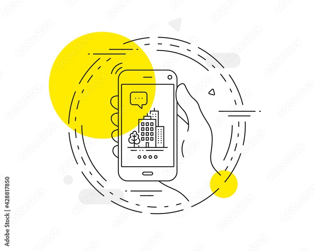 Poster buildings line icon. mobile phone vector button. city architecture with tree sign. skyscraper buildi