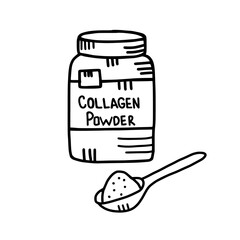 A doodle of jar with collagen powder and a spoon. Trendy beauty supplement. Black and white sketch.