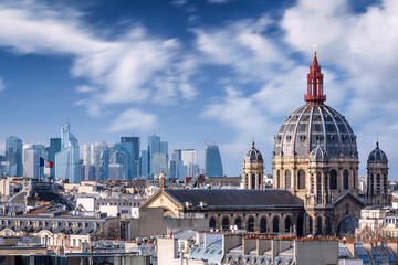 Fototapeta na wymiar Aerial view of La Defense and of the Church of Saint Augustin, Paris, France