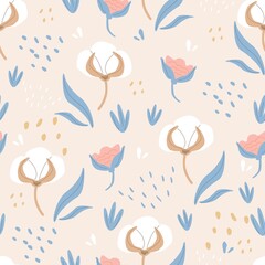Seamless pattern with cotton and flowers on a pastel background. Vector illustration for printing on fabric, packaging paper, clothing. Cute baby background. 