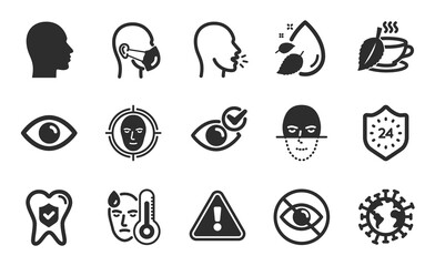 Check eye, Face detect and Not looking icons simple set. Cough, Medical mask and Head signs. Coronavirus, 24 hours and Water drop symbols. Fever, Eye and Mint tea. Flat icons set. Vector