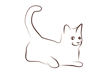 尻尾を立てて座る猫の線画イラスト