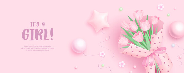Fototapeta na wymiar Baby shower horizontal banner with realistic bouquet of tulips and helium balloons on pink background. It's a girl. Vector illustration