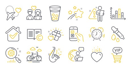 Set of Business icons, such as Search statistics, Ice tea, Diagram graph symbols. Couple love, Copyright, Jazz signs. Honeymoon travel, Heart, Chemistry pipette. Bike rental, Vip shopping. Vector