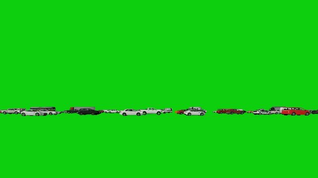 Heavy Traffic Of 3D Cars, Side View 4K Green Screen Chromakey