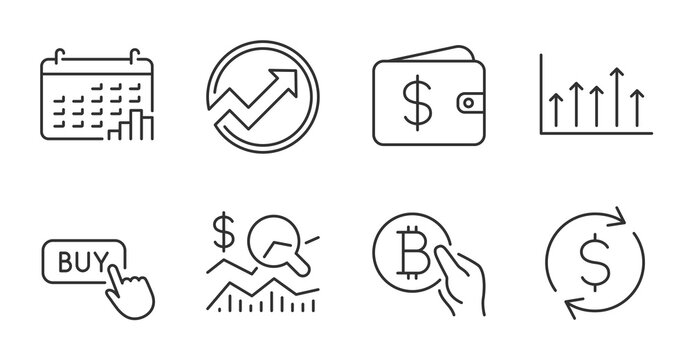 Buy button, Dollar wallet and Check investment line icons set. Bitcoin pay, Growth chart and Calendar graph signs. Dollar exchange, Audit symbols. Quality line icons. Buy button badge. Vector