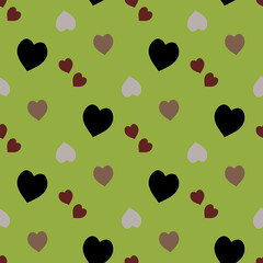 Seamless pattern with brown, beige and black hearts on green background. Vector image.