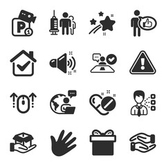 Set of Business icons, such as Loud sound, Helping hand, Third party symbols. Medical vaccination, Like, Hold box signs. Medical pills, Gift box, Parking security. Job interview, Hand. Vector
