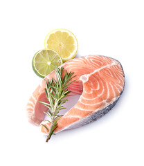 Salmon fish with citrus and rosemary on white background closeup.  Steak isolated.