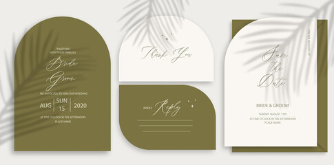 Modern wedding invitation, burnt green wedding invitation template, arch shape with leaf shadow and handmade calligraphy.