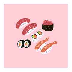 Set of different sushi and Japanese food doodles. Cute details, flowers teapot and ingredients.