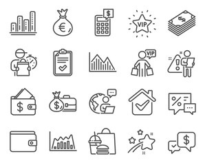 Finance icons set. Included icon as Calculator, Graph chart, Vip star signs. Infographic graph, Payment received, Money bag symbols. Discounts, Money wallet, Vip shopping. Checklist. Vector