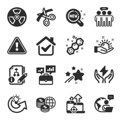 Set of Science icons, such as Scissors, Seo devices, World money symbols. Chemical hazard, Sunny weather, Share idea signs. New products, Chemical formula, Algorithm. Employees group. Vector