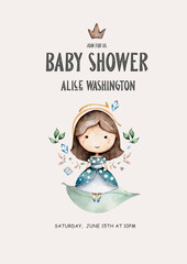 Cute princess. Baby shower for girl invitation. Greeting card for the birthday. Vintage hand drawn watercolor clip art
