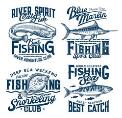 Fishing and snorkeling club marine t-shirt prints with fishes and sea waves, vector. Marine fish catch sport and river adventure club quotes of ocean spirit and deep sea, blue grunge t-shirt prints - obrazy, fototapety, plakaty