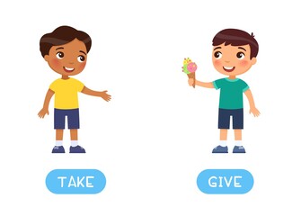 Opposites concept, TAKE  and GIVE . Word card for English language learning. Little European  boy holds out ice cream to an Indian friend. Flashcard with antonyms for children. 