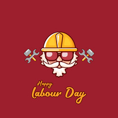 Happy labour day vector label with funky worker on red background. vector happy labor day background or banner with man. workers may day poster