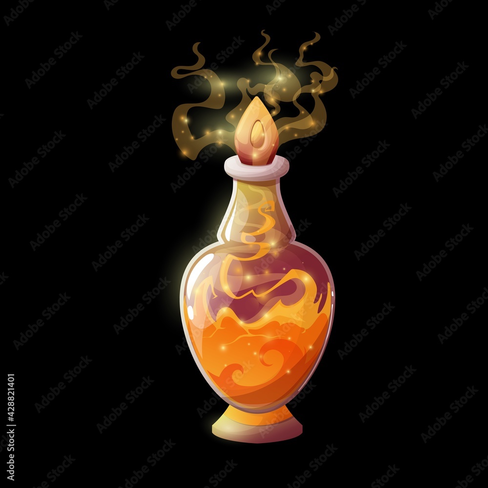 Aufkleber potion bottle with orange fire flames, vector magic elixir in glass flask with splashing liquid and 